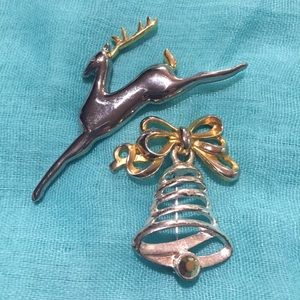 Two tone reindeer & bell brooches Christmas